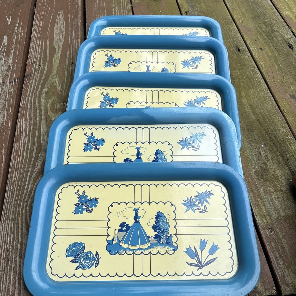 Blue Vintage Set Of 5 Tin Metal Retro Serving TV Tray Southern Belle Party Tulip